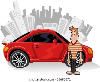 Hombre parado en un coche deportivo rojo con ciudad al fondo