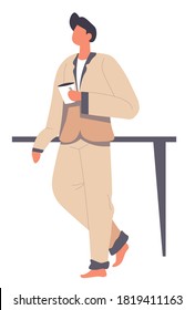 Man standing by table in morning, isolated male character wearing pajamas and holding cup of coffee. Domestic clothes of guy, personage staying at home, relaxing on weekends vector in flat style