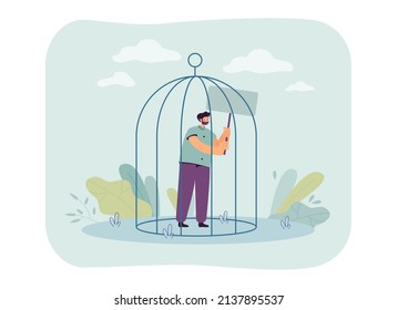 Man standing in cage and holding with blank banner. Male person protesting and asserting his rights flat vector illustration. Arrest, punishment concept for banner, website design or landing web page