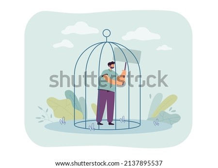 Man standing in cage and holding with blank banner. Male person protesting and asserting his rights flat vector illustration. Arrest, punishment concept for banner, website design or landing web page