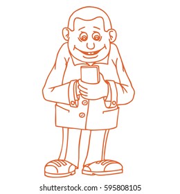 A man is standing and calling someone. Smartphone in hand.