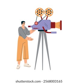 Man Standing at Camera at Shooting Film Movie Production Scene Vector Illustration