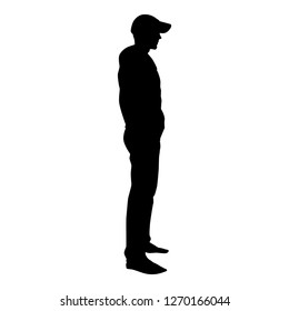 Man standing in cap view with side icon black color