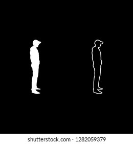 Man standing in cap view with side icon set white color