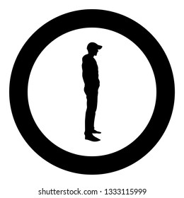 Man standing in cap view with side icon black color vector in circle round illustration flat style simple image