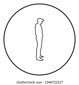 Man standing in cap view with side icon outline black color vector in circle round illustration flat style simple image