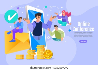 A man standing in a cell phone screen. Data analysis, checking email. Webinar, Online Education Social Media Design for Business. Video conference call. Vector illustration.