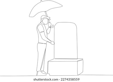 A man standing in cemetery wearing an umbrella  One line drawing