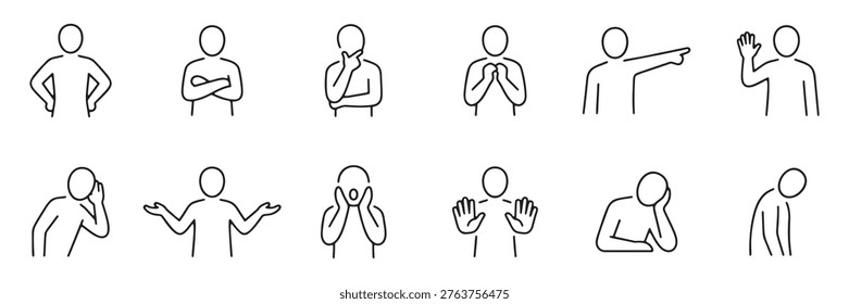 Man standing character with various body language poses and emotional gestures line icon set