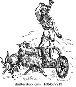 A man standing in chariot driven by two goats, vintage line drawing or engraving illustration