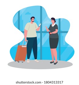 hombre de pie para facturar, para registrarse en vuelo, hombre con equipaje esperando la salida del avión en el diseño de la ilustración del vector del aeropuerto