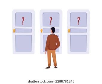 Man standing and choosing between three identical doors flat style, vector illustration isolated on white background. Uncertainty, red question marks, design element