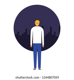 man standing with city background