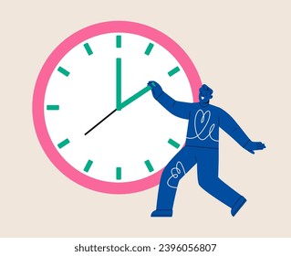 Man standing with clock adjusts time. Time control concept. Colorful vector illustration

