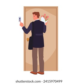 Hombre parado en la puerta cerrada para llamar al timbre. Personaje masculino con ramo de flores para regalar a la mujer, pulsando el botón del timbre, visita de invitado con regalo de vacaciones ilustración vectorial