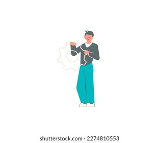 Man Standing With Cogs Showing Technology Ideas. Gears In Brain Symbols Design Displaying Mechanical And Technical Idea. Mechanism Presentation