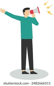man standing and communicating via megaphone. Announce the message concept. Talk to people. Promotion. attention. Vector illustration.