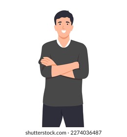 Man standing with confidence. Cartoon young man with his arms crossed. Smart people, professionals, successful people.  Flat vector illustration isolated on white background