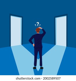 Man standing confused in front of two doors. businessman career decision symbol illustration vector