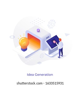 Man standing at control panel and glowing lightbulb on conveyor belt. Concept of creative idea generation, creation of innovative technology, creativity. Modern colorful isometric vector illustration.