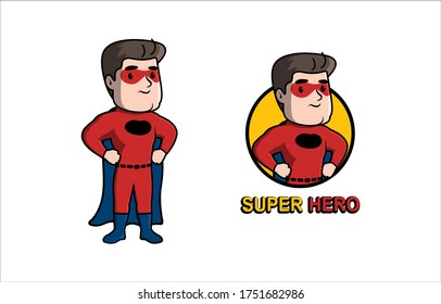 Man standing with costume Super hero.  Super hero mascot logo design concept. Retro cartoon Vector illustrations.