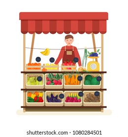 Man standing at counter of greengrocer's shop or marketplace and selling fruits and vegetables. Male seller at place for selling food products on local farmers' market. Flat vector illustration