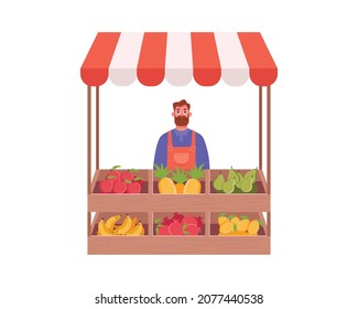 Man standing at counter of greengrocer's shop or marketplace and selling fruits. Farmer seller selling food products on local farmers' market. Vector cartoon illustration