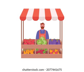 Man standing at counter of greengrocer's shop or marketplace and selling vegetables. Farmer seller selling food products on local farmers' market. Vector cartoon illustration