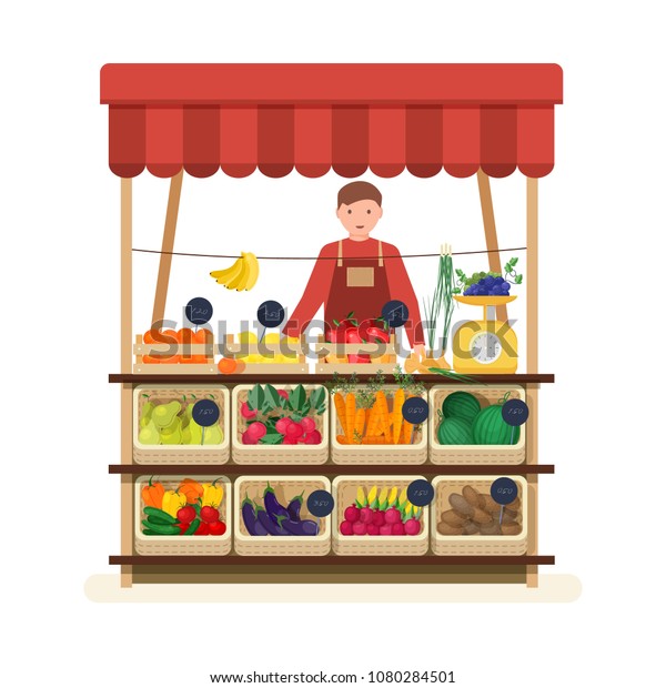 Man standing at counter of greengrocer\'s\
shop or marketplace and selling fruits and vegetables. Male seller\
at place for selling food products on local farmers\' market. Flat\
vector illustration