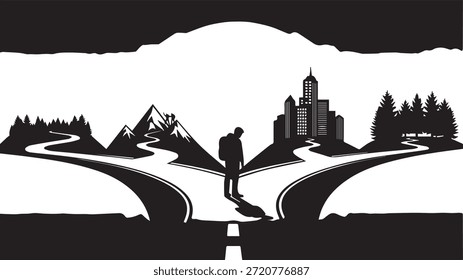 Man Standing at Crossroad Choosing Between City Life and Mountain Adventure