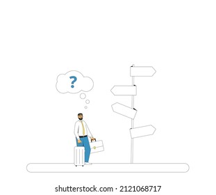 Man standing at crossroads. Confused person thinking about the right path. Vector illustration in line art style.