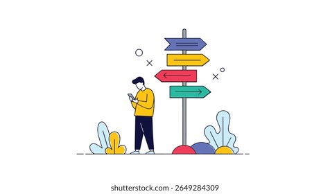 Man standing at crossroads looking at phone with multiple direction signs pointing different ways showing choice and confusion in decision making