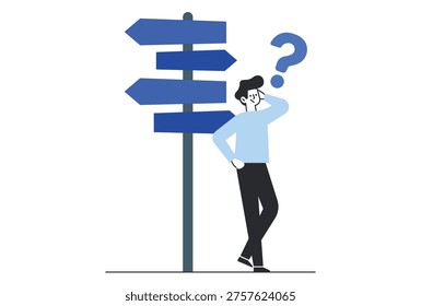 Man standing at a crossroads thinking about which direction to take.