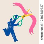 Man standing cutting ribbon with scissors. Business startup and success concept. Colorful vector illustration
