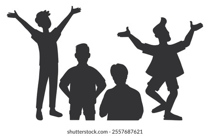 Man Standing and Dancing Pose Silhouette. Young Male Group Vector. Male Silhouette Front View.