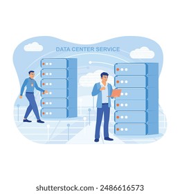 Man standing in data center room. Technician checking data center services. Data center concept. Flat vector illustration.