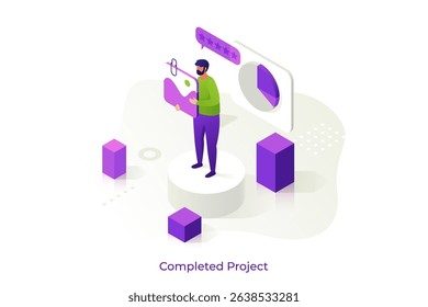 Man standing with data file and rating stars. Completed business project and customer feedback. User experience and satisfaction concept. Vector illustration in isometric style