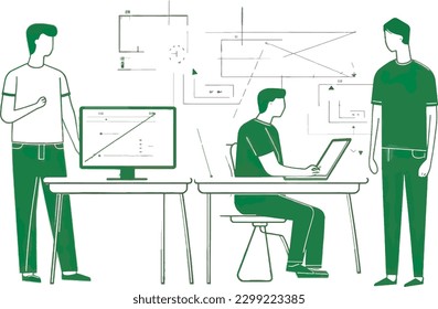 A man standing at a desk with other two people vector illustration art