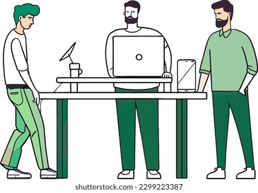 A man standing at a desk with other two people vector illustration art