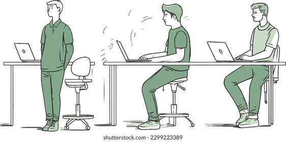 A man standing at a desk with other two people vector illustration art