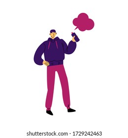 Man standing and doing graffiti artwork with purple spray color vector illustration