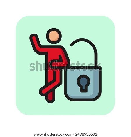 Man standing at door lock line icon. Security, password, safety. Protection concept. Vector illustration can be used for topics like business, internet, service