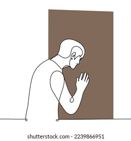 man standing at the door looking through the peephole - one line drawing vector. concept an unexpected guest, an introvert does not want to let in, a neighbor peeps