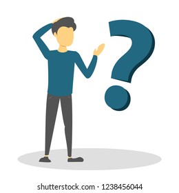 Man standing in doubt at the big question mark. Problem and search for solution. Person in confusion. Vector illustration in flat style