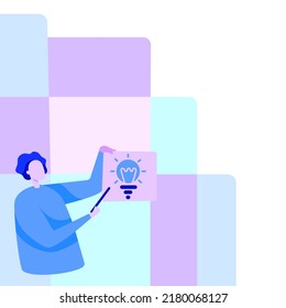 Man Standing Drawing Holding Paper With Glowing Light Bulb While Pointing Stick. Gentleman Design Carrying Sheet With Rod On Hand Showing Picture.