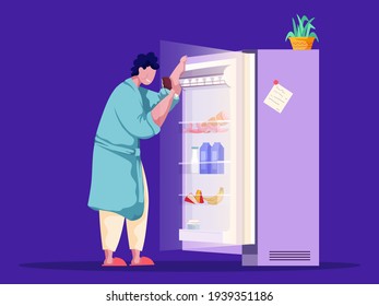 Man standing and eating in front of opened fridge at night. Stress, bad unhealthy habbit, disorder. Late snack, cheat meal. Cartoon vector illustration. Dark background. Flat style.