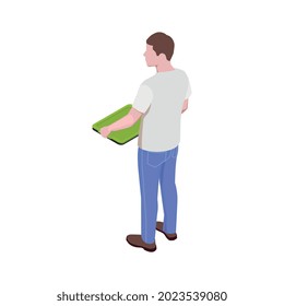 Man standing with empty tray in food court or canteen back view isometric icon 3d vector illustration