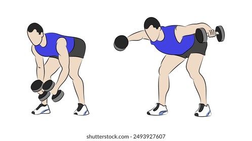 Man standing exercise shoulder up and down press using dumbbells, wheights. Shoulder press, fitness, sports. Hand drawn ink strokes sketch style vector illustration isolated on white background.