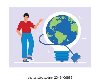 The man is standing explaining the innovation of the globe in lamp, idea of developing a more updated technology to better care for the earth. Character design. Vector flat illustration