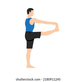 Man standing in Extended Hand to Big Toe exercise, Utthita Hasta Padangustasana pose. Flat vector illustration isolated on white background